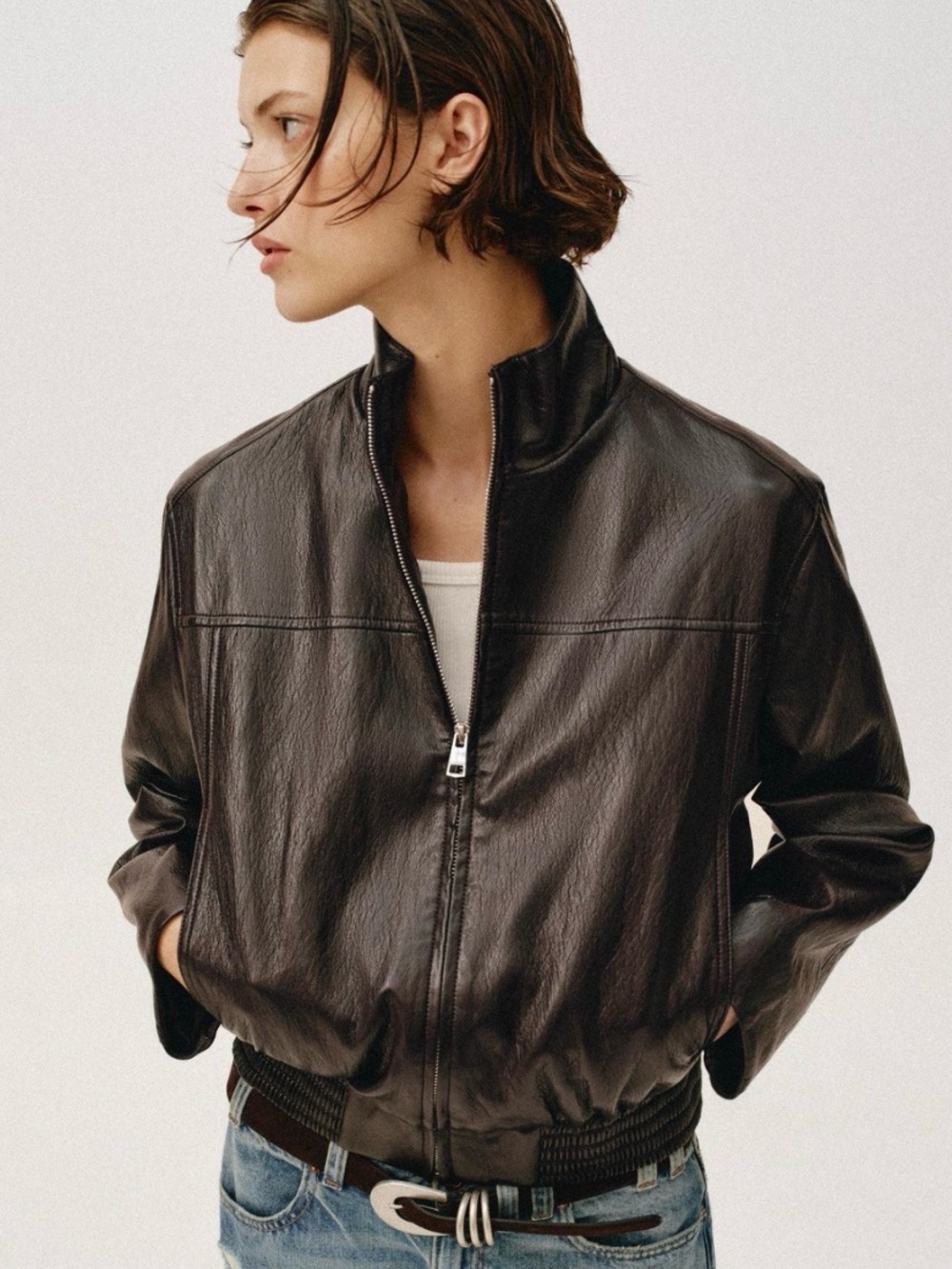 Zara Cropped Faux Leather Bomber Jacket – Dark Brown 6318/041/716